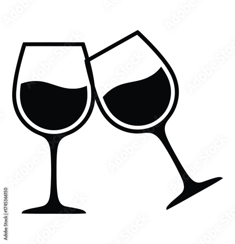 Two wine glasses clinking together in a black and white illustration style with wine inside the glasses vector
