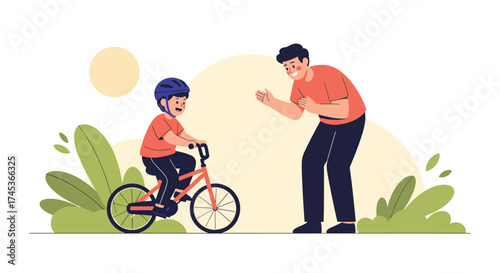 Father teaching his son to ride a bicycle outdoors.