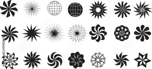 Retro-futuristic Y2K vector set featuring abstract shapes, globes, stars, grids, and tech-inspired design elements for posters and digital art.