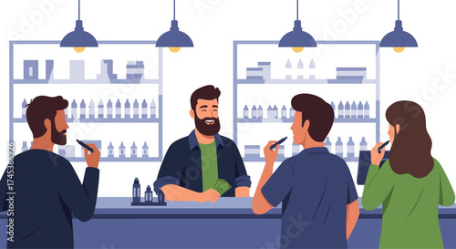 A retail store with customers and employees smoking.