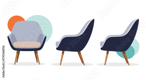 Modern armchair in mid century style seen from three different angles.