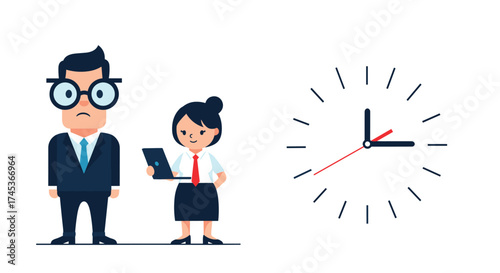 Business professionals looking stressed by an approaching deadline clock.