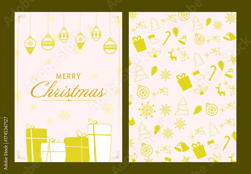 Merry Christmas Greeting Card Template with Decorative Festival Elements in Yellow and Beige Color.