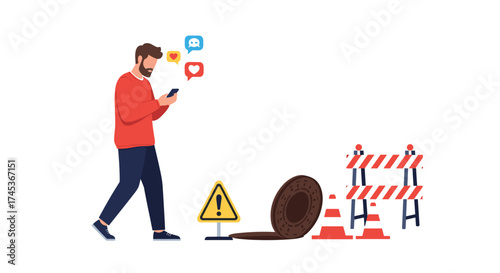 Man distracted by phone walks toward an open manhole and construction barriers.