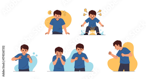 Little boy showing different emotions with gestures and facial expressions.