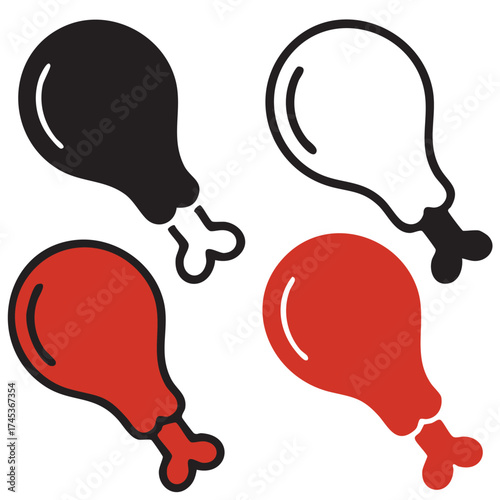 Four Chicken Drumstick Icons in Black and Red, Solid and Outline Styles
