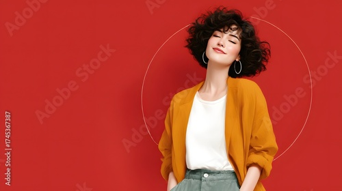 Happy enthusiastic woman standing with closed eyes on red background. Fashion model, bright colors, copy space, stylish