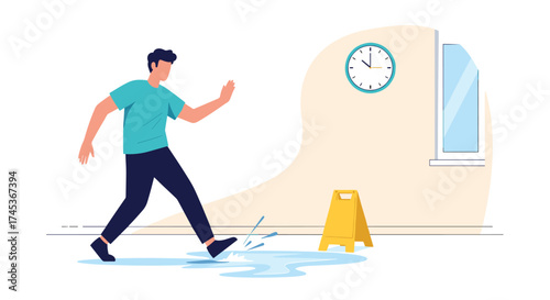 A man is about to slip on a wet floor sign.