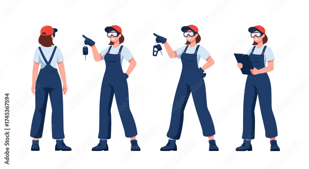 Obraz premium A female mechanic stands in different poses holding tools.