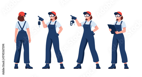 A female mechanic stands in different poses holding tools.
