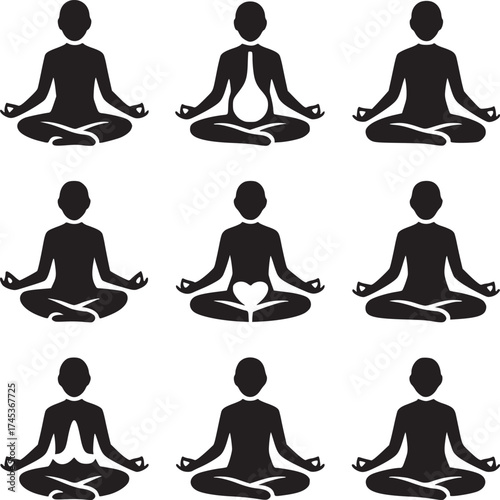 Nine black silhouette figures in lotus position with different body modifications on a white backdrop