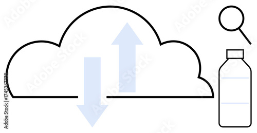 Cloud shape with bi-directional arrows, magnifying glass, and medicine bottle representing cloud data exchange, analytics, healthcare, research, digital transformation, AI, and innovation concepts