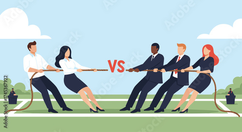 Business teams compete in a tense tug of war match.