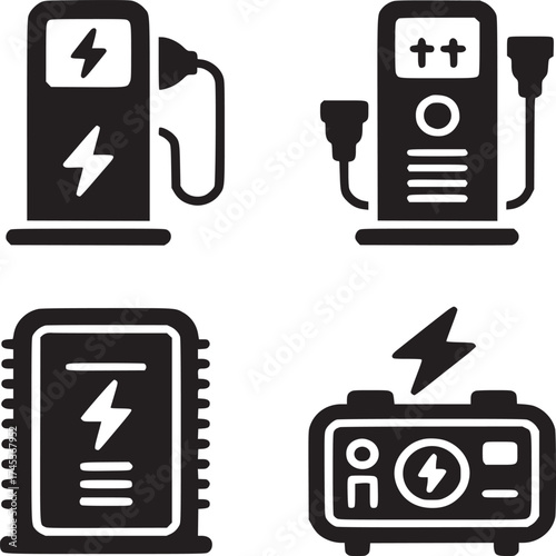 Four black and white icons depicting electric vehicle charging stations and power supply units