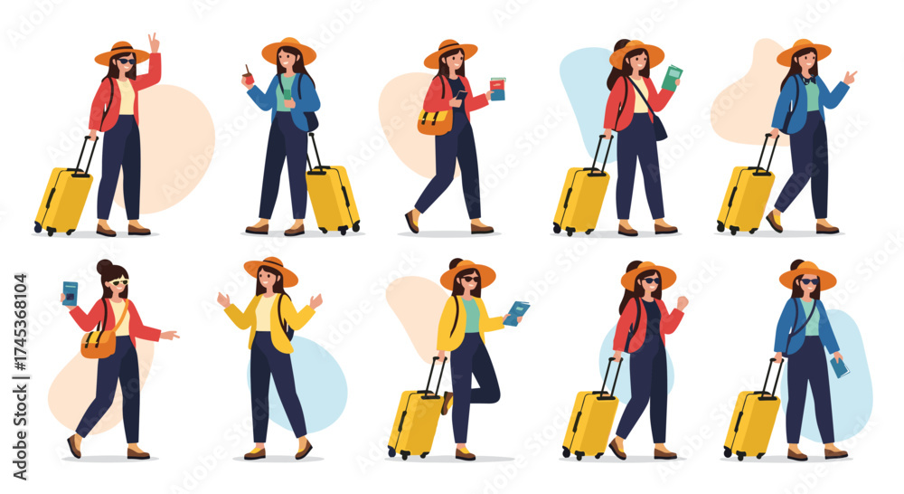 Fototapeta premium Ten cartoon female travelers with luggage and travel documents posing and waving hello.