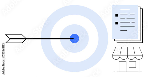 Arrow hitting target symbolizing focus and success, documents for strategic planning, storefront representing business. Ideal for success, planning, strategy, business, precision, goal-setting