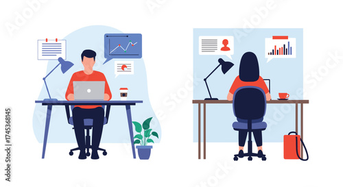 People working remotely on laptops at home desks.