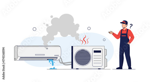 Air conditioner repairman looking confused at a broken ac unit.