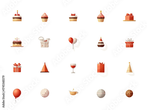 Flat party icons on white background including birthday cake, gifts, balloons, and festive items