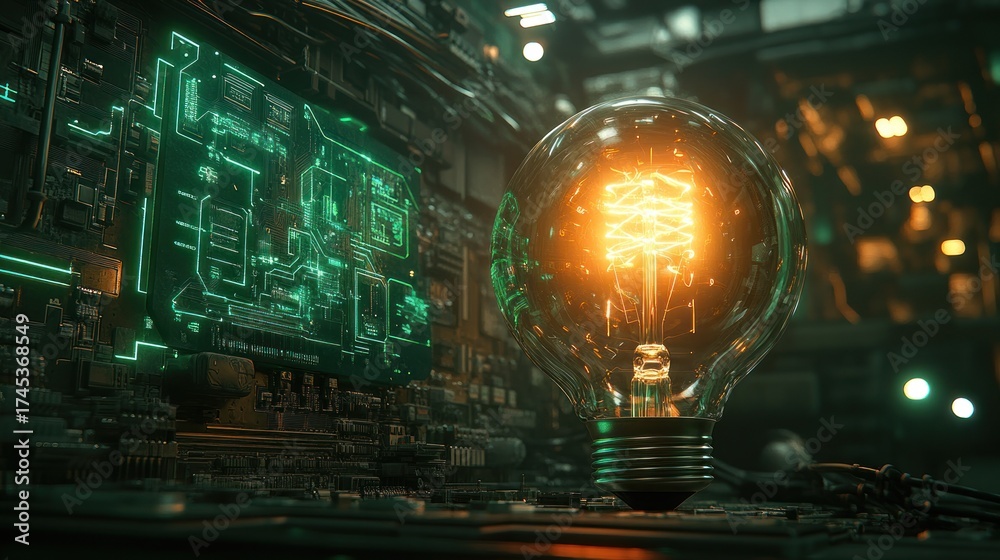 Obraz premium Illuminated bulb in futuristic circuit board