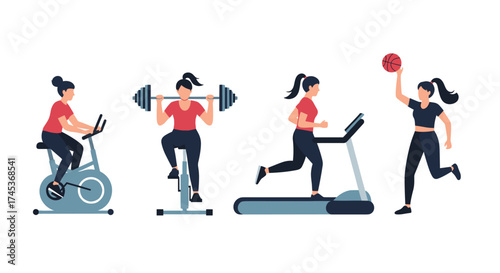 People exercising with fitness equipment on white background.