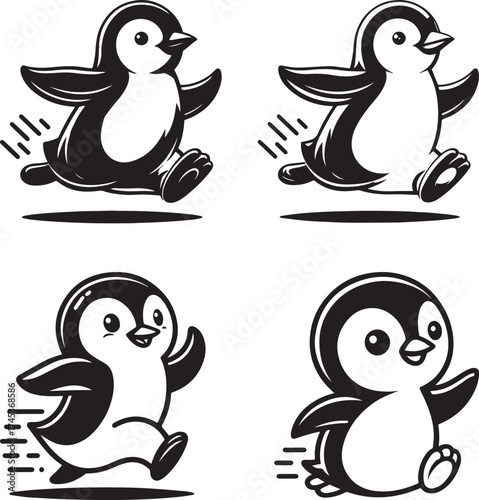 Funny cartoon penguin bird set illustration on ice