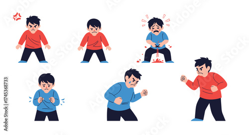 Young boy displays a range of negative emotions including anger frustration and pain.