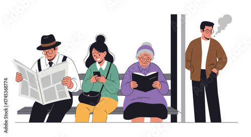 A diverse group of people patiently waiting for transportation.