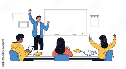 Students and teacher engaged in a collaborative learning activity.