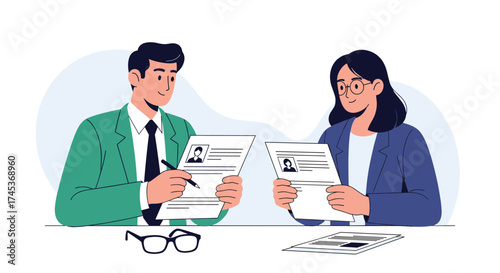 Two people reviewing resumes at a table.