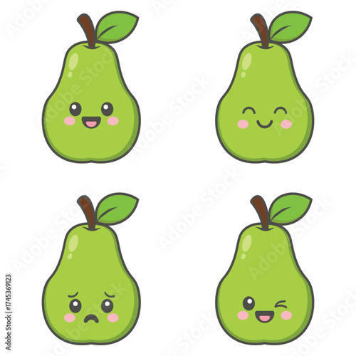 CUTE PEAR CHARACTERS CLIP ART | Funny Fruit Faces Design for Kids Products and Healthy Food Themes | Kawaii Green Pear Set