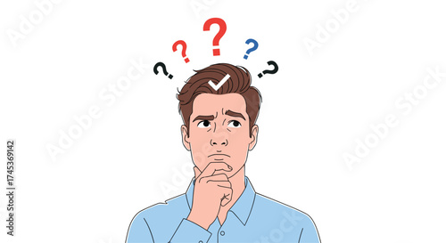 A confused man is thinking about many questions he has to answer.