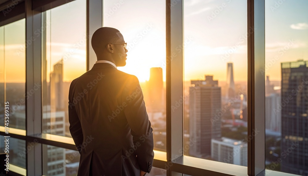 Fototapeta premium Businessman standing near large window overlooking city skyline at sunrise symbolizing success vision and leadership with warm sunlight and modern urban architecture background
