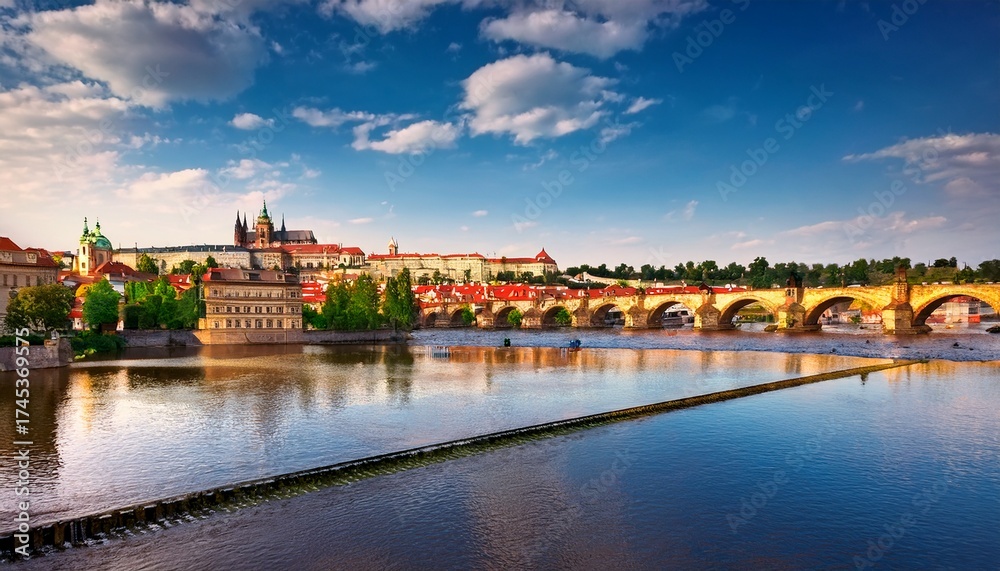Naklejka premium prague castle and legion bridge over vltava river czech republic