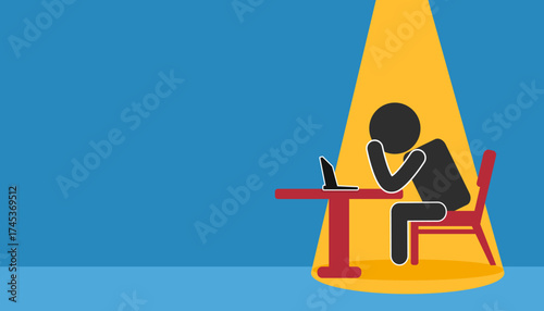 Stickman Sitting Alone Under Spotlight with Laptop