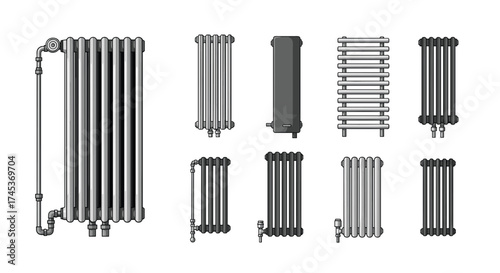 Various types of central heating radiators showcased in a schematic illustration.