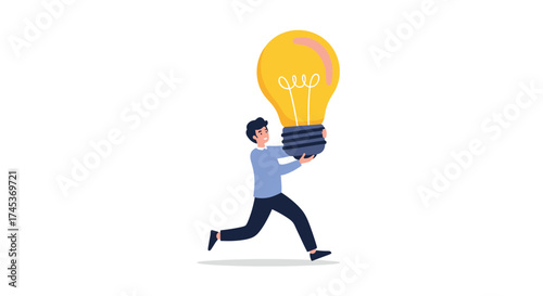 A man running with a giant light bulb representing a brilliant idea.