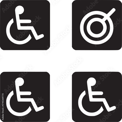 Four black squares with white symbols showing accessibility and handicap access in black and white