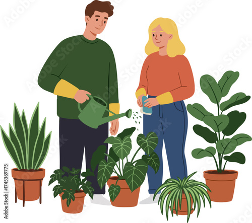 Flat Style Couple Watering Plant Together in the Garden Illustration