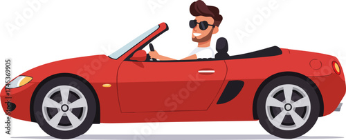 Cartoon Style Man Driving Red Convertible Car Adventure Illustration