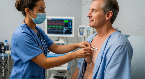 A compassionate female nurse wearing a protective face mask prepares a mature male patient for an electrocardiogram in the hospital