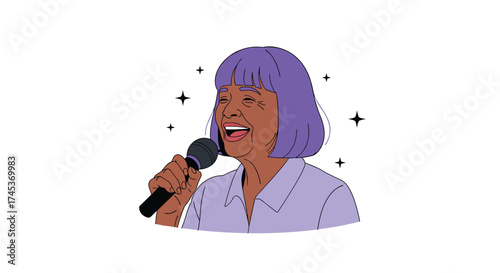 An elderly woman with purple hair sings into a microphone with sparkles.