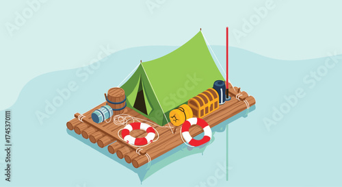 A small raft with a tent and survival gear floats on the calm water.