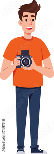 Cartoon Style Male Photographer with Camera Holding Device Character Design