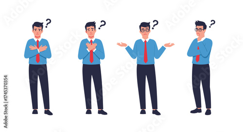 Four businessmen appear confused with question marks above their heads.