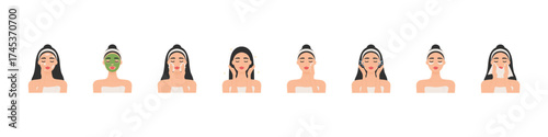 Skin care set. Face skincare woman character set. Face care cosmetic make-up. Isolated vector beauty skin care vector cleansing.
