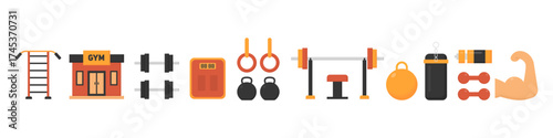 Gym vector set. Fitness icon isolated set. Gym exercise icon vector set.
