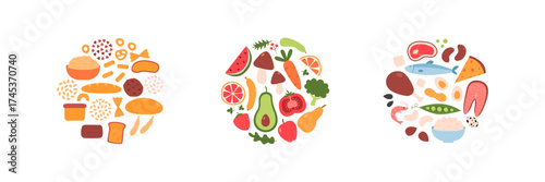 Healthy food set. Grocery groups of food products. Vegetables balanced organic products. Carbohydrate products eating. Protein diet cooking sign.