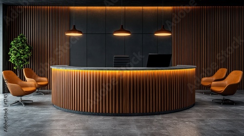 Modern reception desk with warm wooden accents