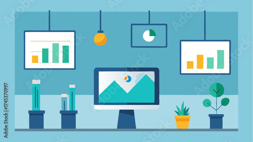 A clear visual of a venture capital firms office showcasing wallmounted screens displaying startup portfolios and growth metrics.